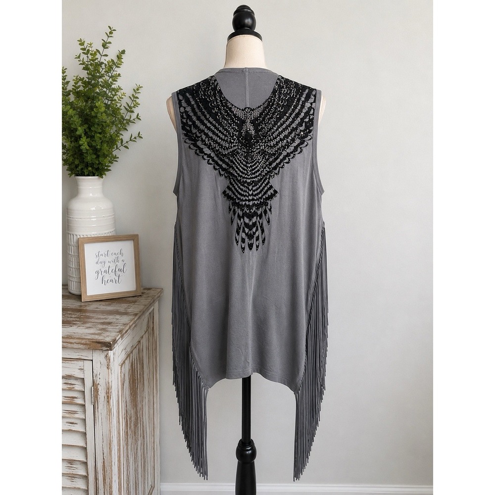 Vocal Womens XL Gray Embellished Fringe Vest Duster Black Beaded Boho Y2K - Picture 2 of 10